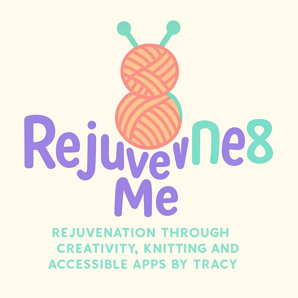 rejuven8me logo: A butterfly-shaped icon made of peach yarn balls and teal knitting needles above playful purple and teal lettering.